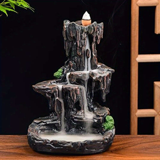 Waterfall Monk Incense Burner Mountain Tower Incense Burner, Used As a Home, Office, And Yoga Aromatherapy Tool, Is a Stone Brown Incense Burner with 120 Reflux Cones And 30 Sticks