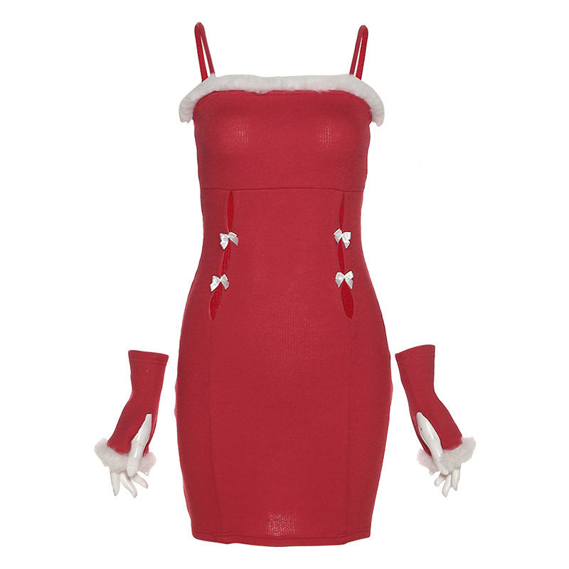 Christmas Solid Color Slim Fashion Plush Side Suspender Dress Women