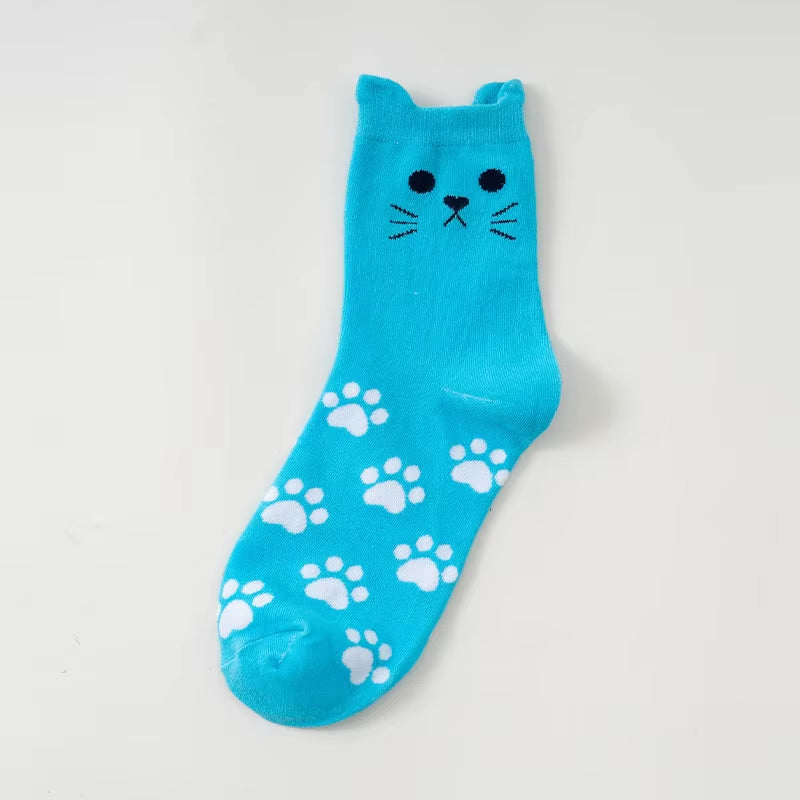 Cute Cartoon Cat Crew Socks – Kawaii Kitty Paw Print Harajuku Mid-Tube Socks