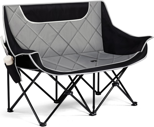 "Double Camping Chair, Portable Folding Loveseat with Cup Holders, Padded Seats"