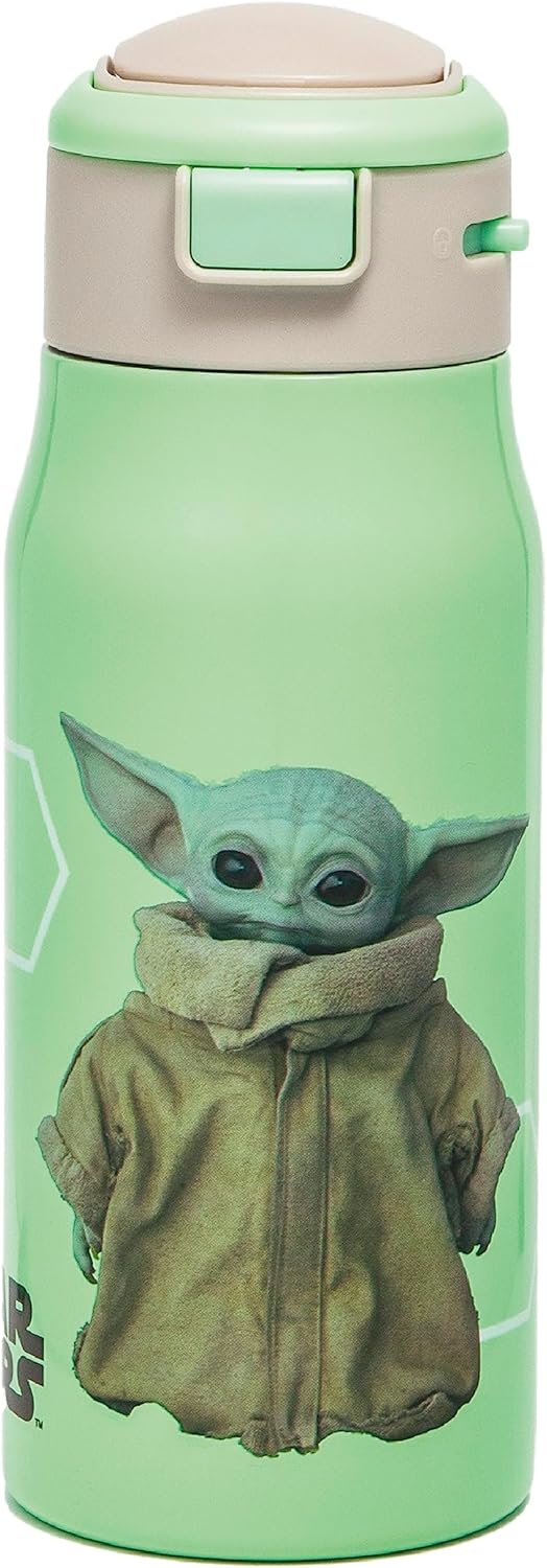 Star Wars Double-Wall Vacuum Insulated, 18/8 Stainless Steel Kids Mesa Water Bottle with Flip-Up Straw Spout and Locking Spout Cover, Durable Cup for Sports or Travel (13.5 Oz,The Child)