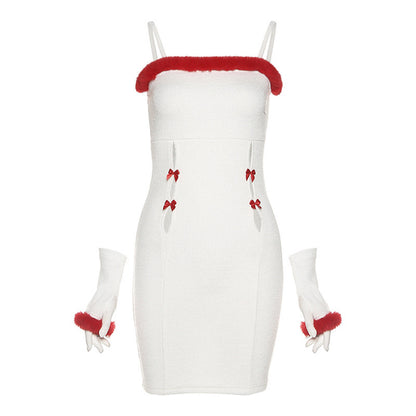 Christmas Solid Color Slim Fashion Plush Side Suspender Dress Women