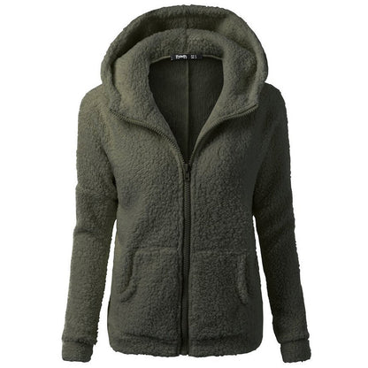 Jacket Women Autumn Winter Fleece Hooded Overcoat Loose Solid Color Pocket Pullover Classic Windproof Zipper