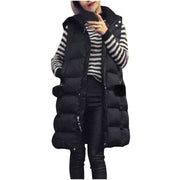 Autumn Winter Women Black Hooded Long Parkas Vest Fashion Warm Black Hooded