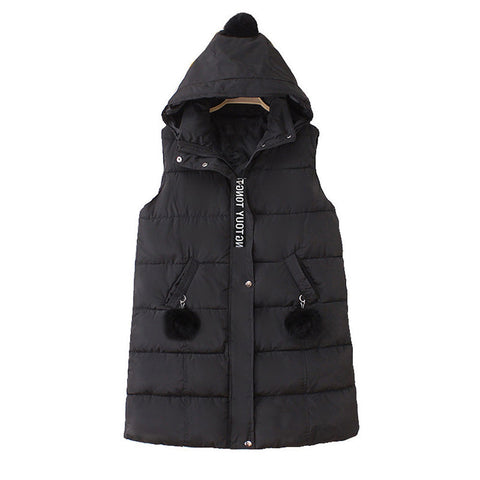 Autumn Winter Women Black Hooded Long Parkas Vest Fashion Warm Black Hooded