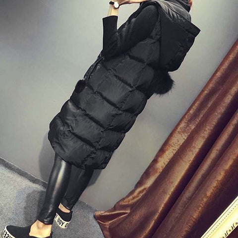 Autumn Winter Women Black Hooded Long Parkas Vest Fashion Warm Black Hooded