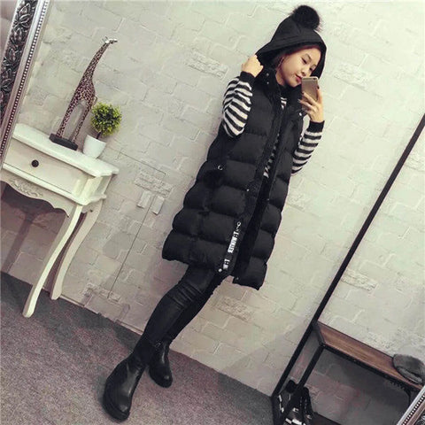 Autumn Winter Women Black Hooded Long Parkas Vest Fashion Warm Black Hooded