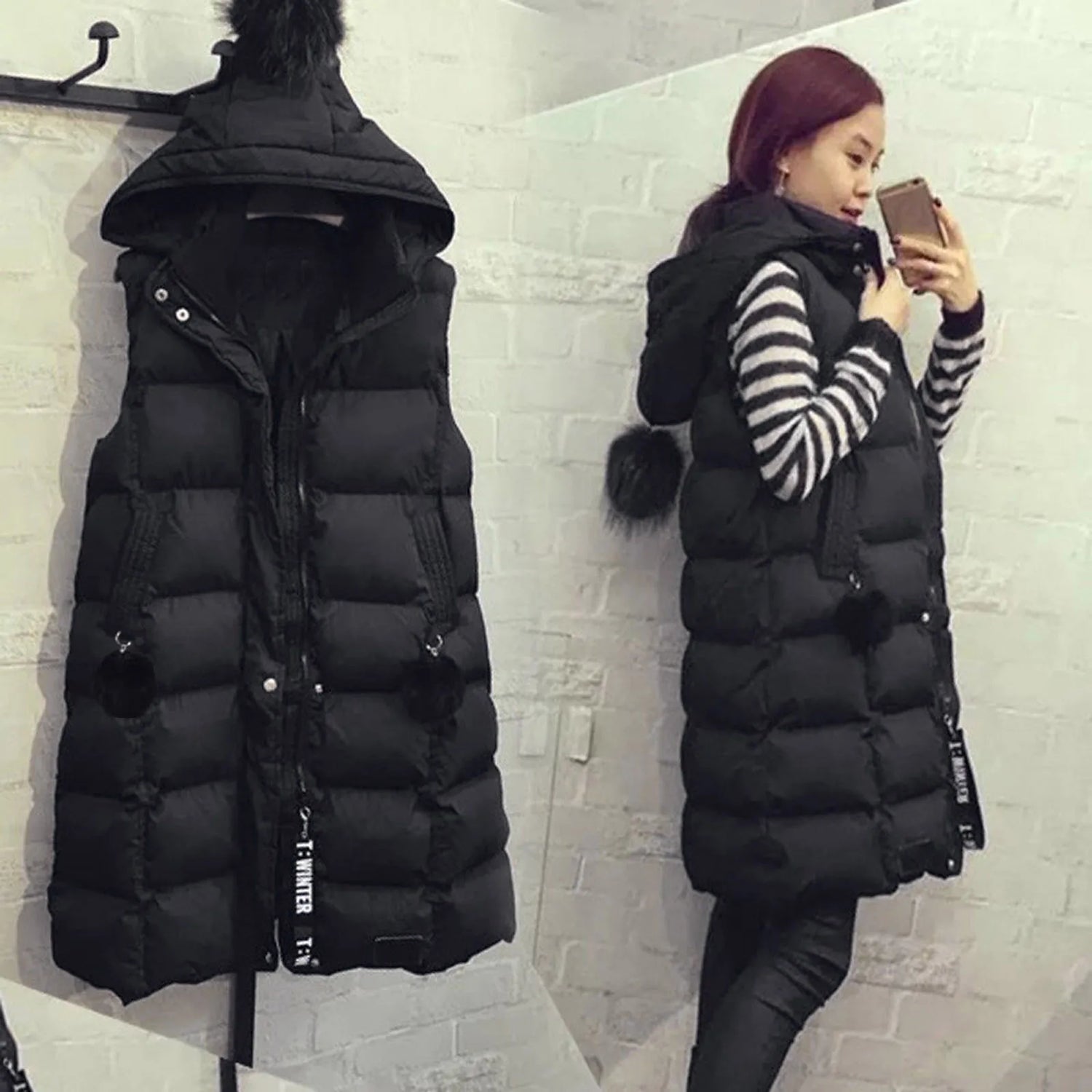 Autumn Winter Women Black Hooded Long Parkas Vest Fashion Warm Black Hooded