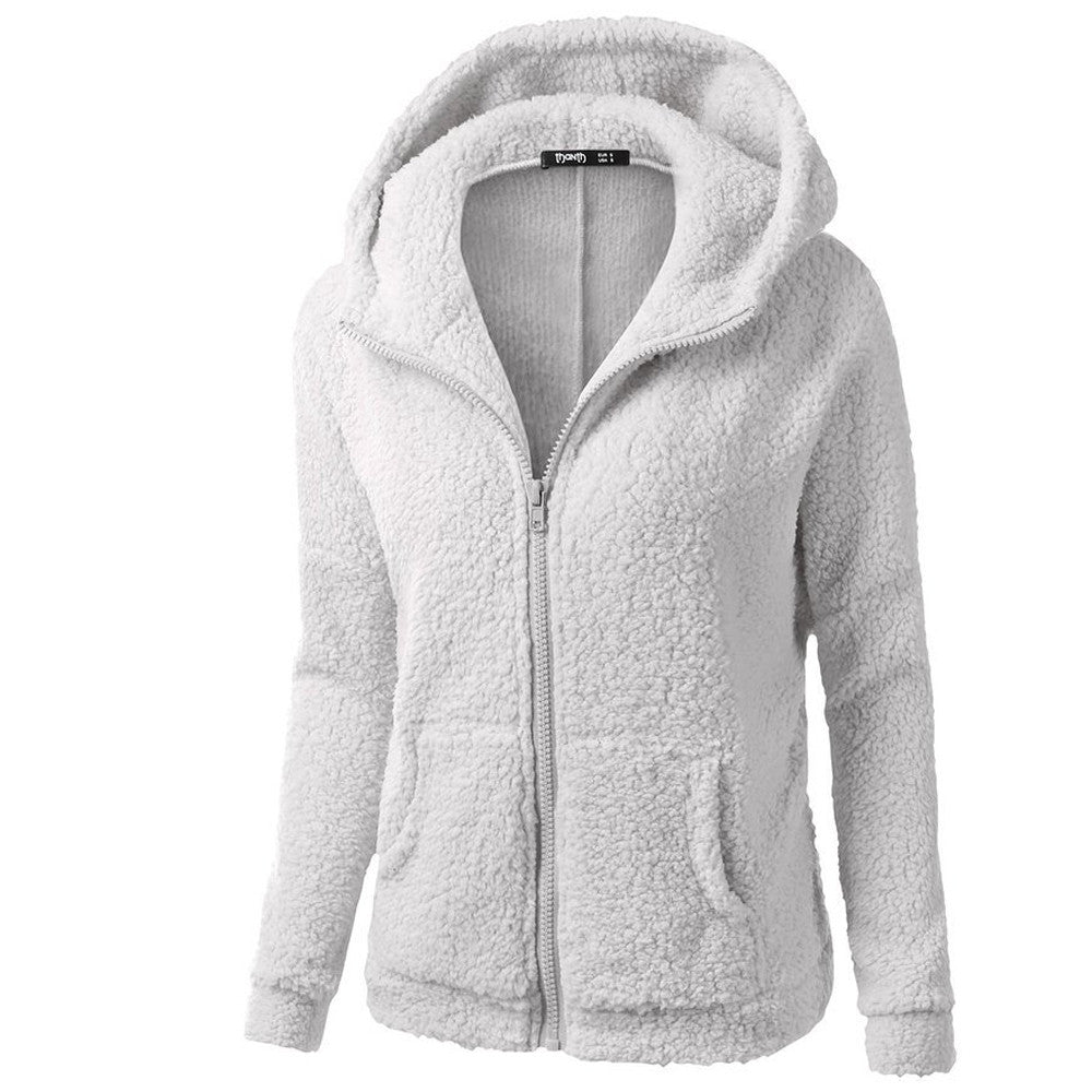 Jacket Women Autumn Winter Fleece Hooded Overcoat Loose Solid Color Pocket Pullover Classic Windproof Zipper