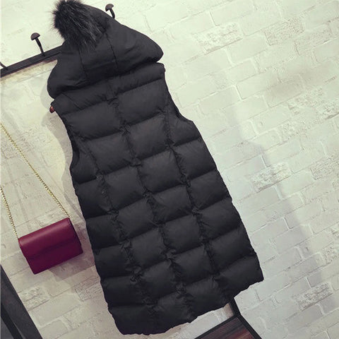 Autumn Winter Women Black Hooded Long Parkas Vest Fashion Warm Black Hooded