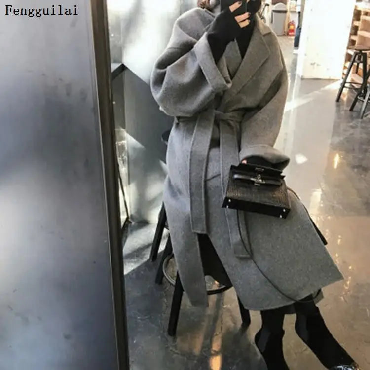 Belt Solid Color Long Sleeve Chic Outerwear Ladies Overcoat Autumn Winter