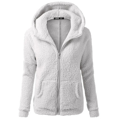 Jacket Women Autumn Winter Fleece Hooded Overcoat Loose Solid Color Pocket Pullover Classic Windproof Zipper