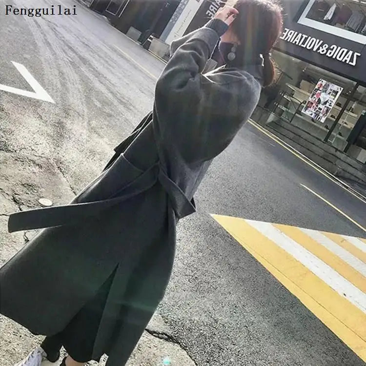 Belt Solid Color Long Sleeve Chic Outerwear Ladies Overcoat Autumn Winter