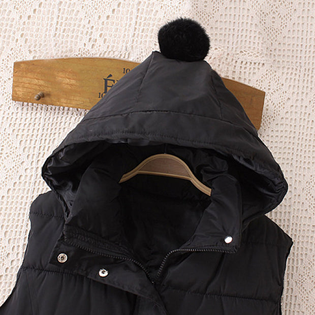 Autumn Winter Women Black Hooded Long Parkas Vest Fashion Warm Black Hooded