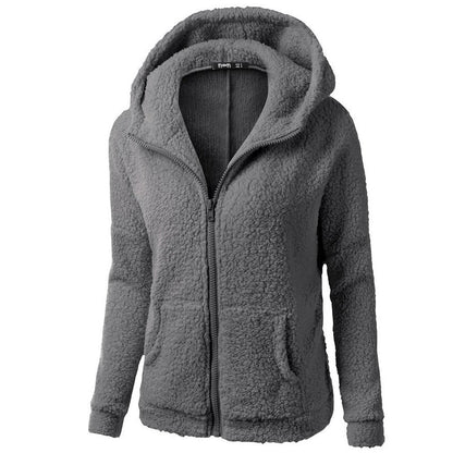 Jacket Women Autumn Winter Fleece Hooded Overcoat Loose Solid Color Pocket Pullover Classic Windproof Zipper