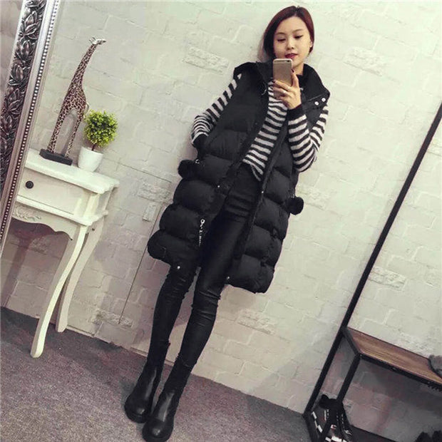 Autumn Winter Women Black Hooded Long Parkas Vest Fashion Warm Black Hooded