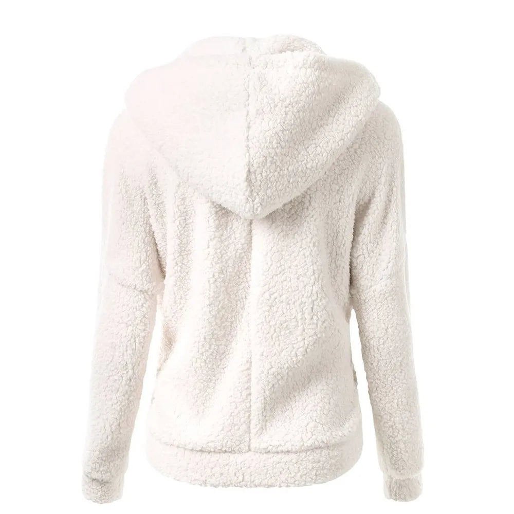 Jacket Women Autumn Winter Fleece Hooded Overcoat Loose Solid Color Pocket Pullover Classic Windproof Zipper