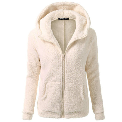 Jacket Women Autumn Winter Fleece Hooded Overcoat Loose Solid Color Pocket Pullover Classic Windproof Zipper