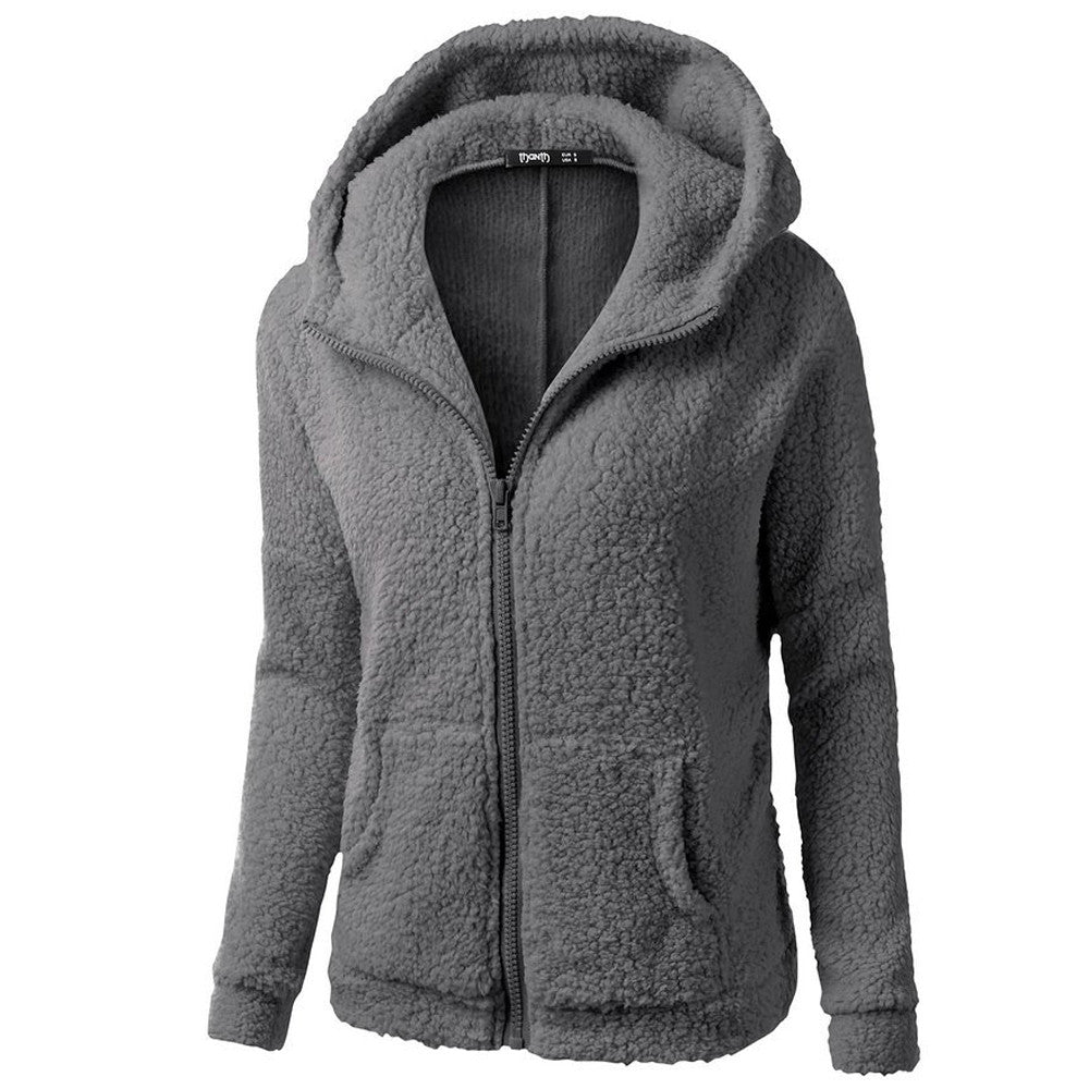 Jacket Women Autumn Winter Fleece Hooded Overcoat Loose Solid Color Pocket Pullover Classic Windproof Zipper