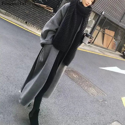 Belt Solid Color Long Sleeve Chic Outerwear Ladies Overcoat Autumn Winter