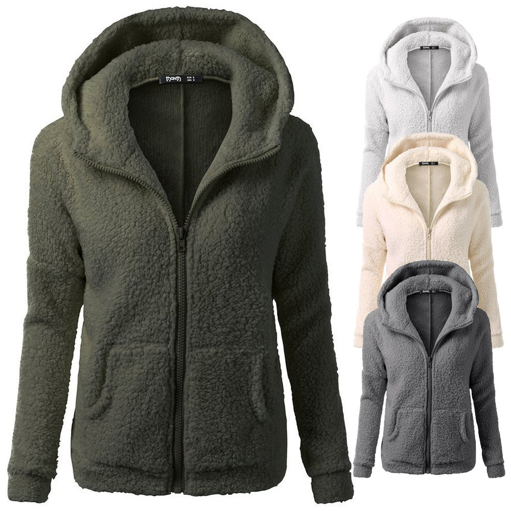 Jacket Women Autumn Winter Fleece Hooded Overcoat Loose Solid Color Pocket Pullover Classic Windproof Zipper