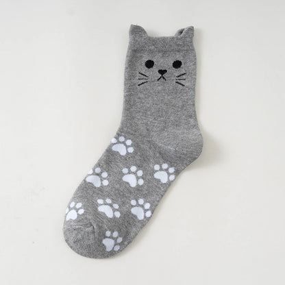 Cute Cartoon Cat Crew Socks – Kawaii Kitty Paw Print Harajuku Mid-Tube Socks