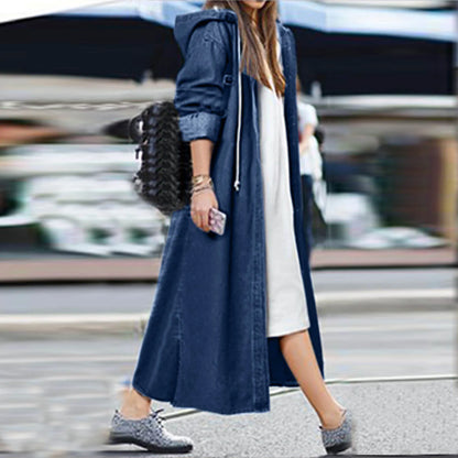 Fashion Streetwear Overcoat Chic Long Hooded Outwear Women Casual Denim Jacket Single-breasted Cardigan Ankle Length Coat