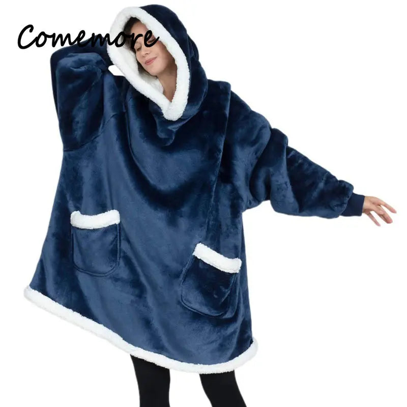 Oversized Hoodie Blanket – Plaid Fleece Sweatshirt with Sleeves for Women