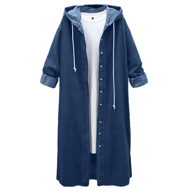 Fashion Streetwear Overcoat Chic Long Hooded Outwear Women Casual Denim Jacket Single-breasted Cardigan Ankle Length Coat