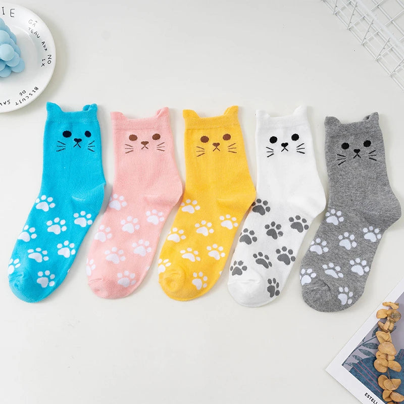 Cute Cartoon Cat Crew Socks – Kawaii Kitty Paw Print Harajuku Mid-Tube Socks