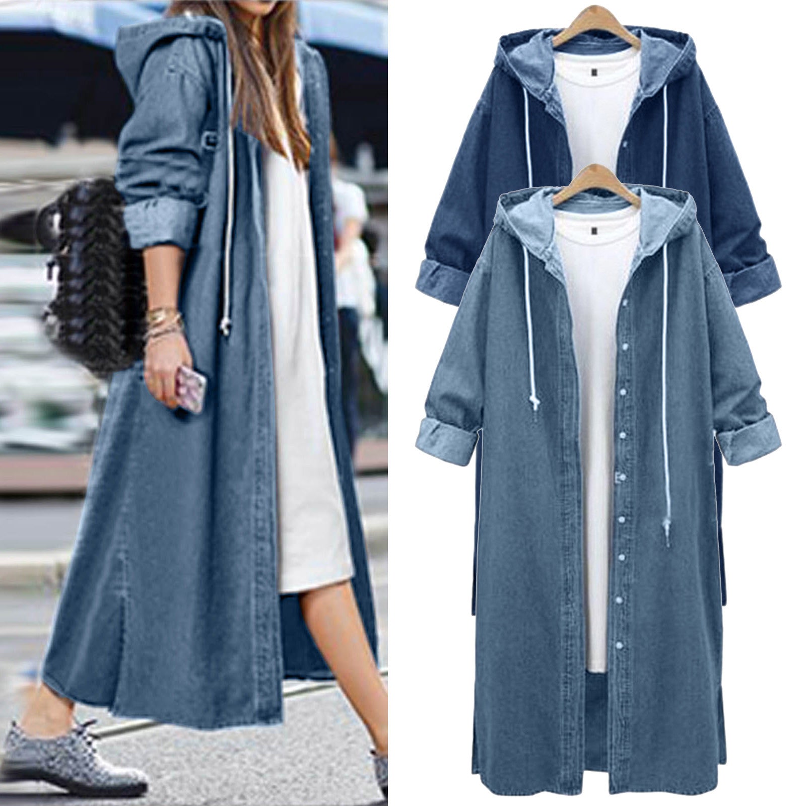 Fashion Streetwear Overcoat Chic Long Hooded Outwear Women Casual Denim Jacket Single-breasted Cardigan Ankle Length Coat