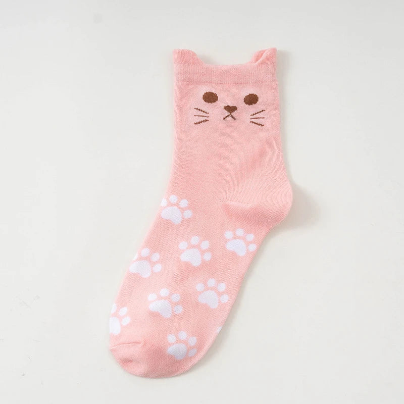 Cute Cartoon Cat Crew Socks – Kawaii Kitty Paw Print Harajuku Mid-Tube Socks