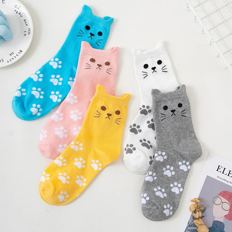 Cute Cartoon Cat Crew Socks – Kawaii Kitty Paw Print Harajuku Mid-Tube Socks