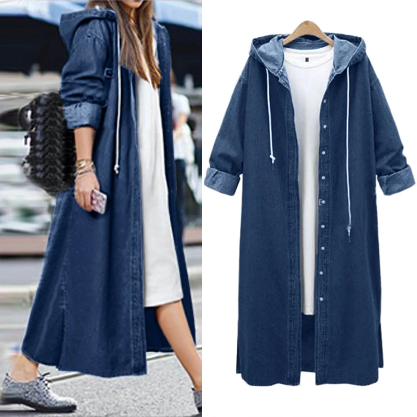 Fashion Streetwear Overcoat Chic Long Hooded Outwear Women Casual Denim Jacket Single-breasted Cardigan Ankle Length Coat