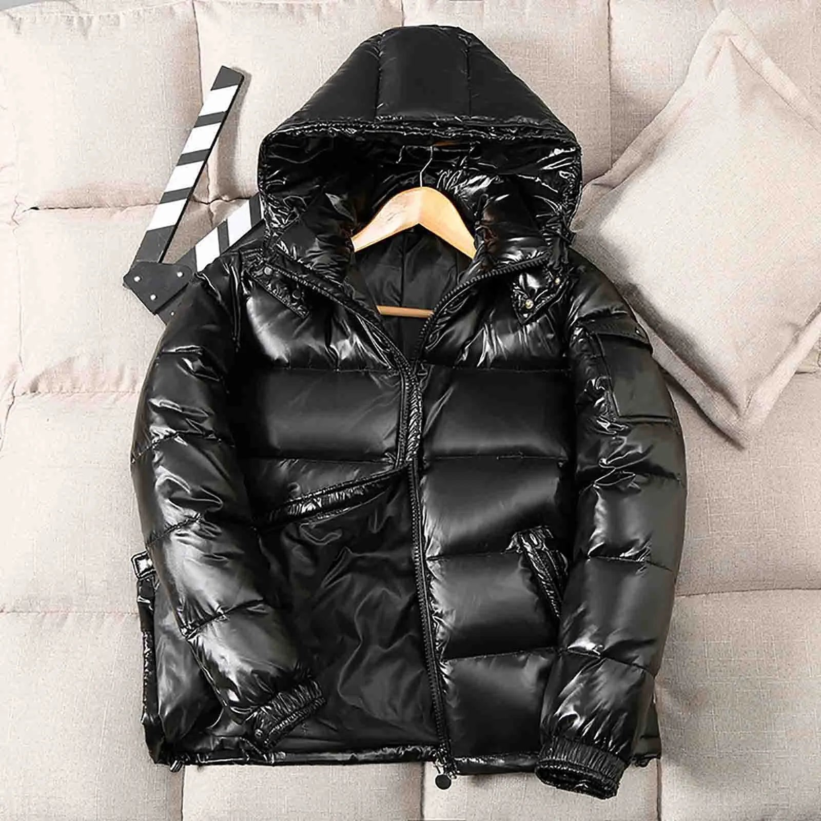 Men Fashion Casual Male Quilted Padded Shiny Buffer Bubble Thick Coat Metallic Shiny Stand