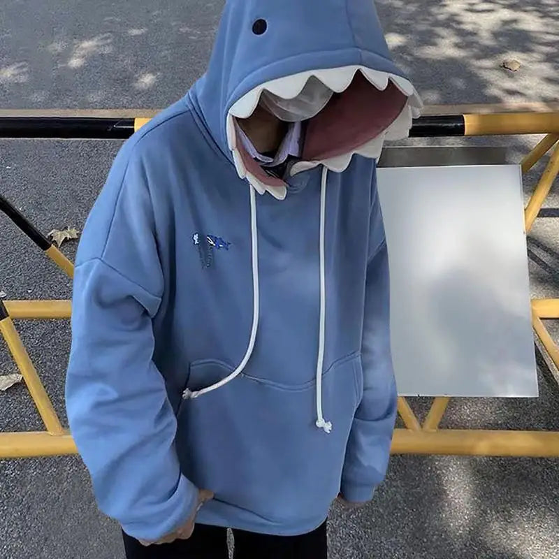 Blue Hoodies Long Sleeve Shark Shape Couple Pullover Animal Hooded Cartoon Sweatshirt