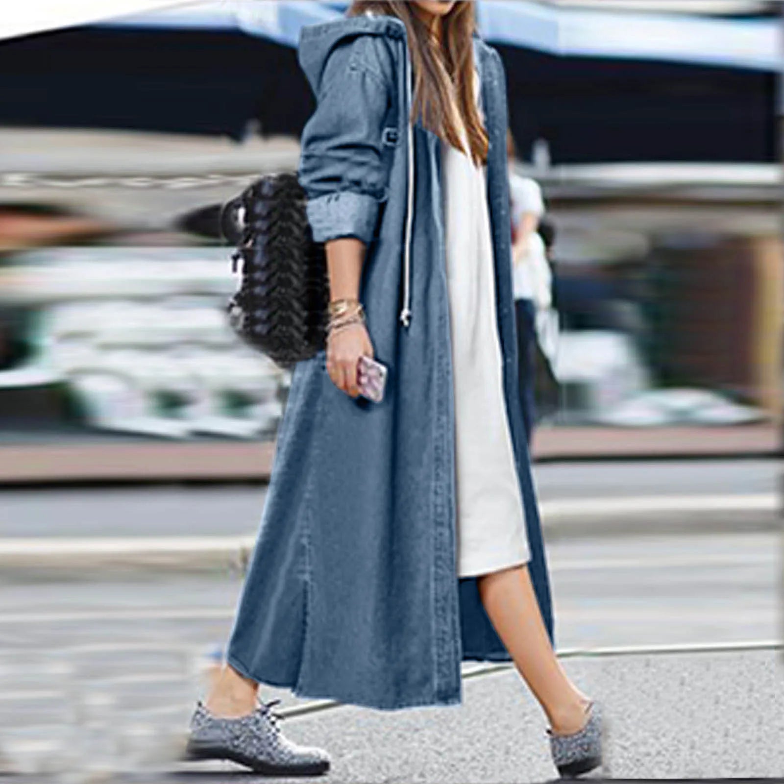 Fashion Streetwear Overcoat Chic Long Hooded Outwear Women Casual Denim Jacket Single-breasted Cardigan Ankle Length Coat