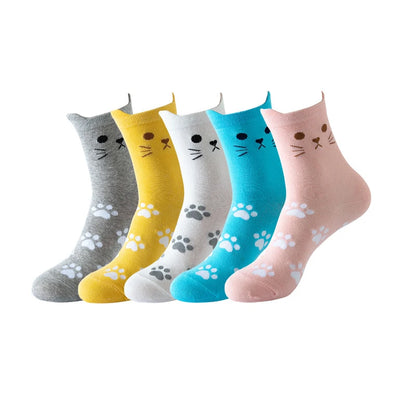 Cute Cartoon Cat Crew Socks – Kawaii Kitty Paw Print Harajuku Mid-Tube Socks