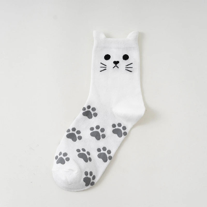 Cute Cartoon Cat Crew Socks – Kawaii Kitty Paw Print Harajuku Mid-Tube Socks