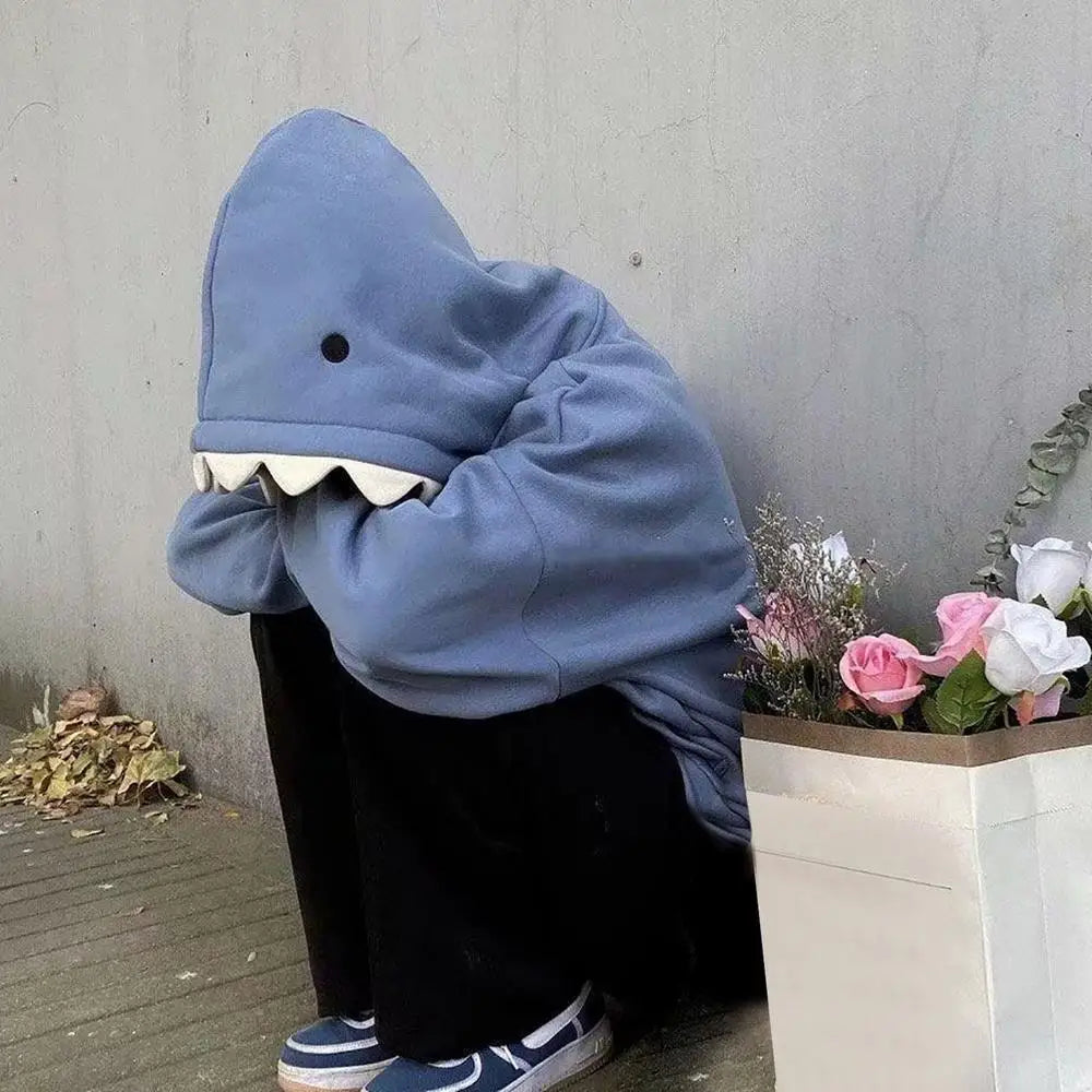 Blue Hoodies Long Sleeve Shark Shape Couple Pullover Animal Hooded Cartoon Sweatshirt