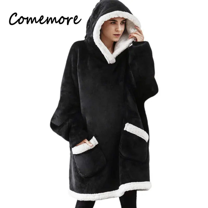 Oversized Hoodie Blanket – Plaid Fleece Sweatshirt with Sleeves for Women