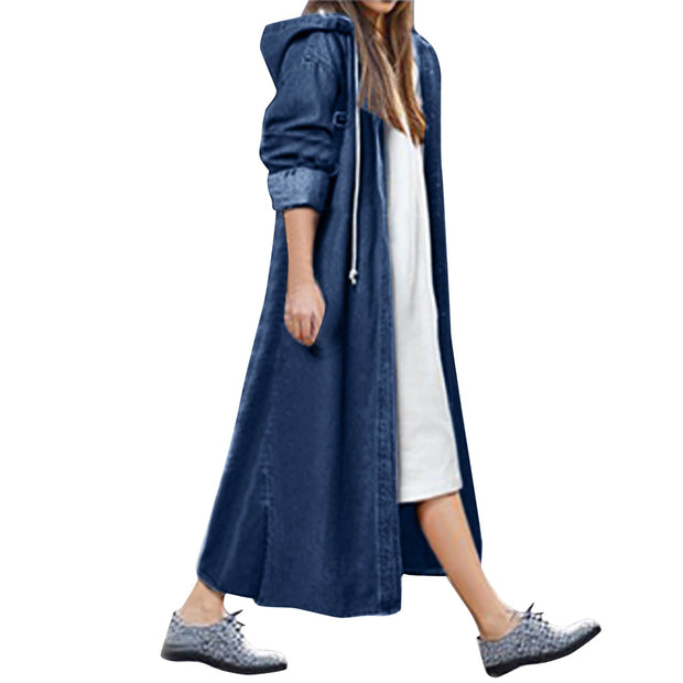 Fashion Streetwear Overcoat Chic Long Hooded Outwear Women Casual Denim Jacket Single-breasted Cardigan Ankle Length Coat