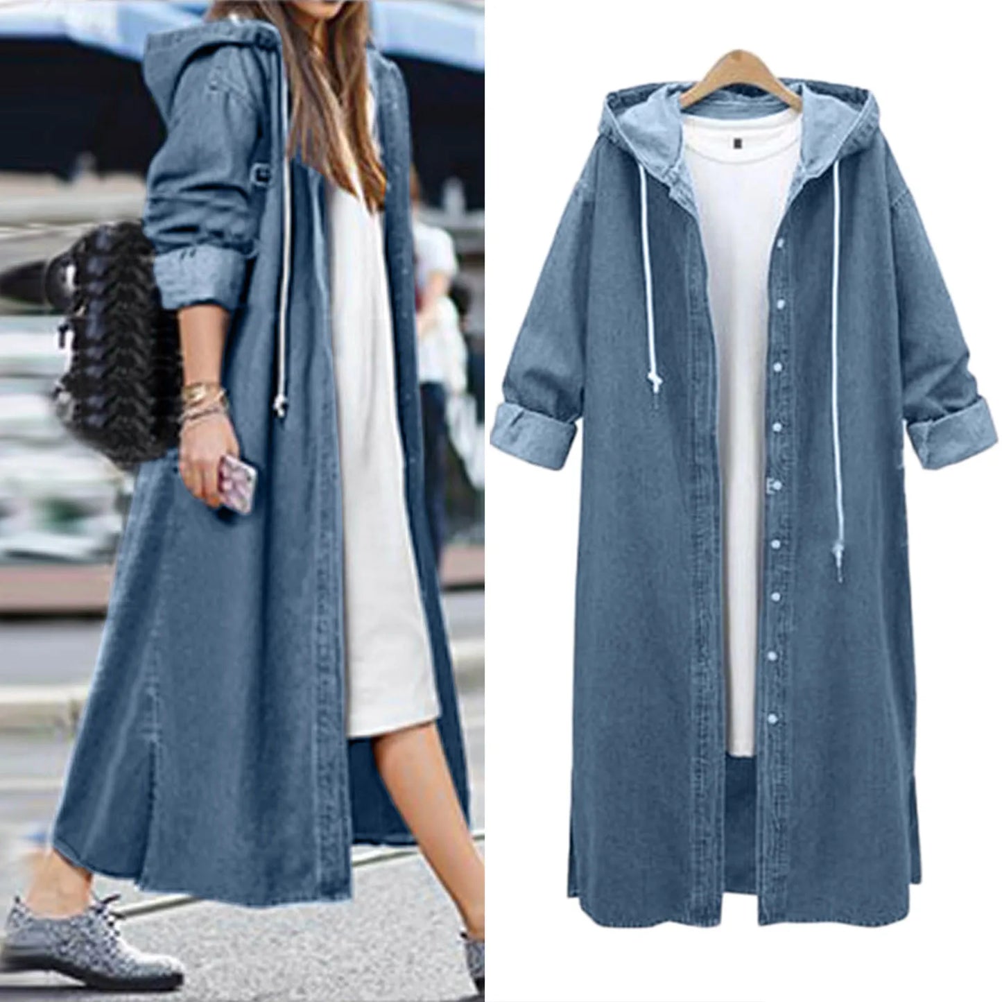 Fashion Streetwear Overcoat Chic Long Hooded Outwear Women Casual Denim Jacket Single-breasted Cardigan Ankle Length Coat