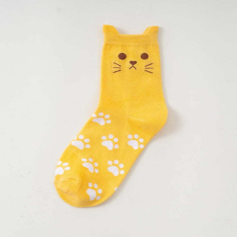 Cute Cartoon Cat Crew Socks – Kawaii Kitty Paw Print Harajuku Mid-Tube Socks