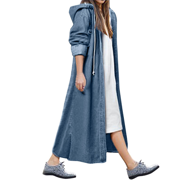 Fashion Streetwear Overcoat Chic Long Hooded Outwear Women Casual Denim Jacket Single-breasted Cardigan Ankle Length Coat