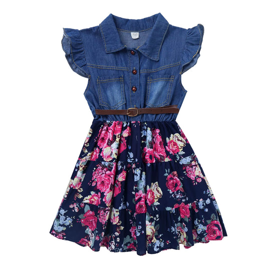 Girls' Denim Floral A-Line Dress – Flying Sleeve Casual Summer Party Outfit