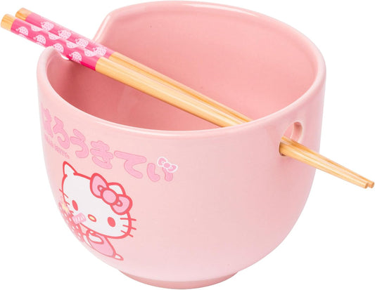 Sanrio Hello Kitty Strawberry Milk Japanese Character Ceramic Ramen Noodle Rice Bowl with Chopsticks, Microwave Safe, Pink, 20 Ounces